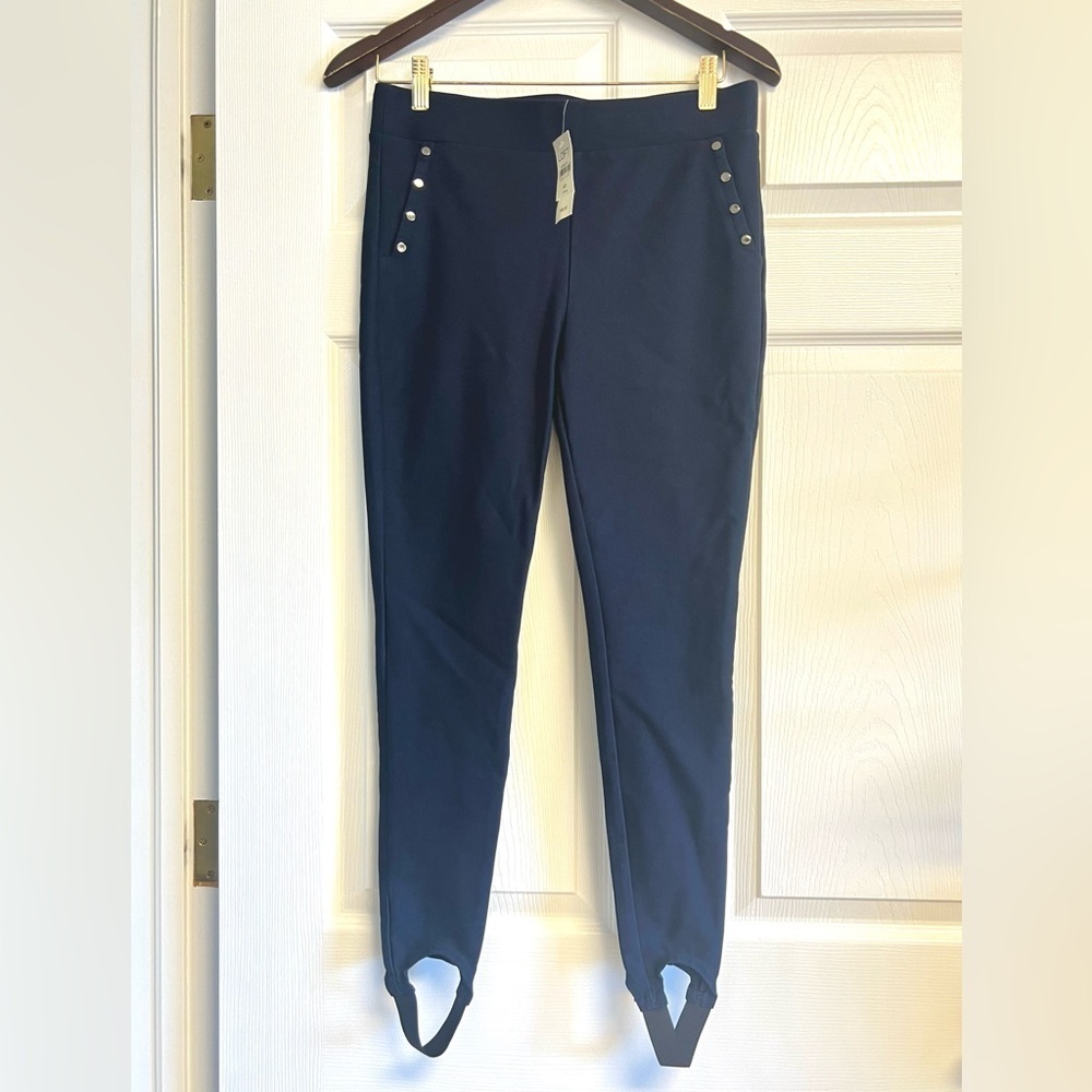 NWT LOFT navy blue stirrup pants pull-on studded accent minimalist preppy MP